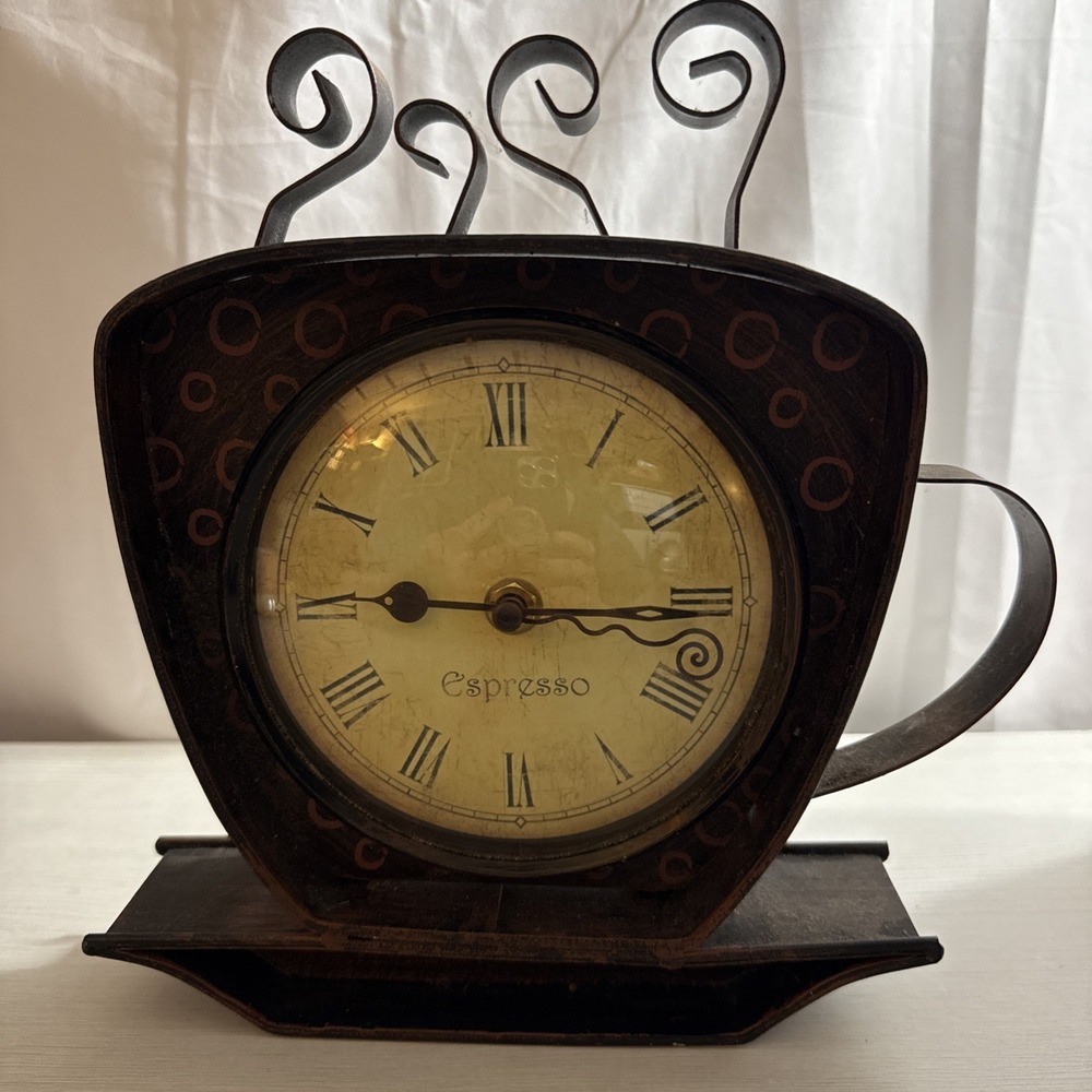 Rustic Metal Expresso Coffee Cup & Saucer Clock 9.25"tall & Wide 2" Deep Battery